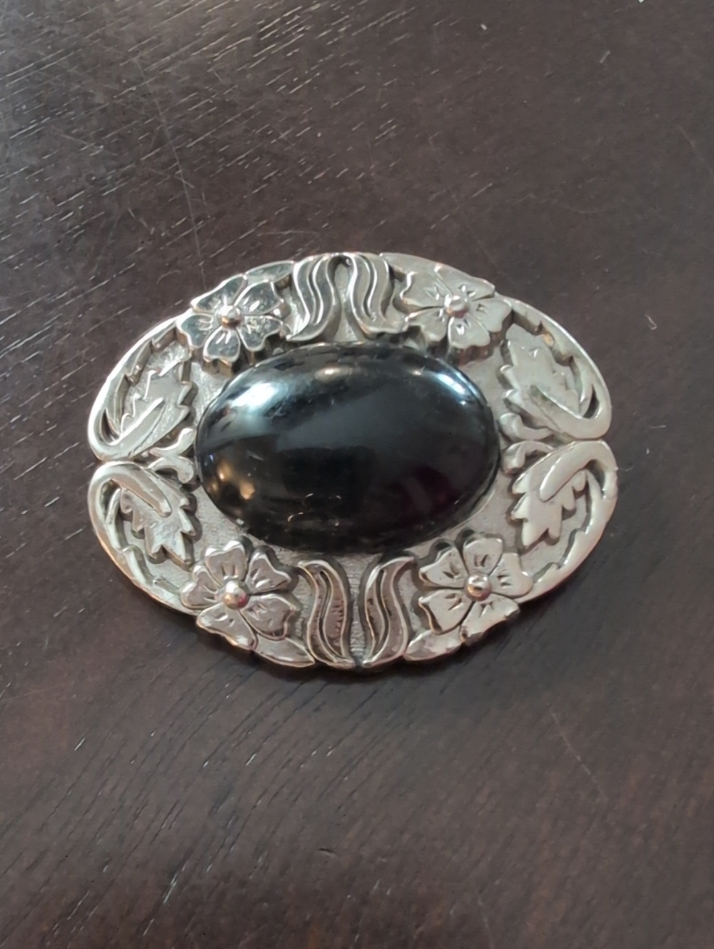 Vintage Ginnie Johansen Signed Silver Tone Floral Brooch Black Cabochon Statemen